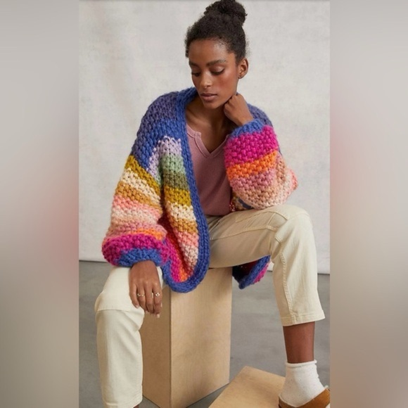Saachi Mayflower stripe crocheted cardigan Multicolor Chunky Knit Sweater - Picture 6 of 12